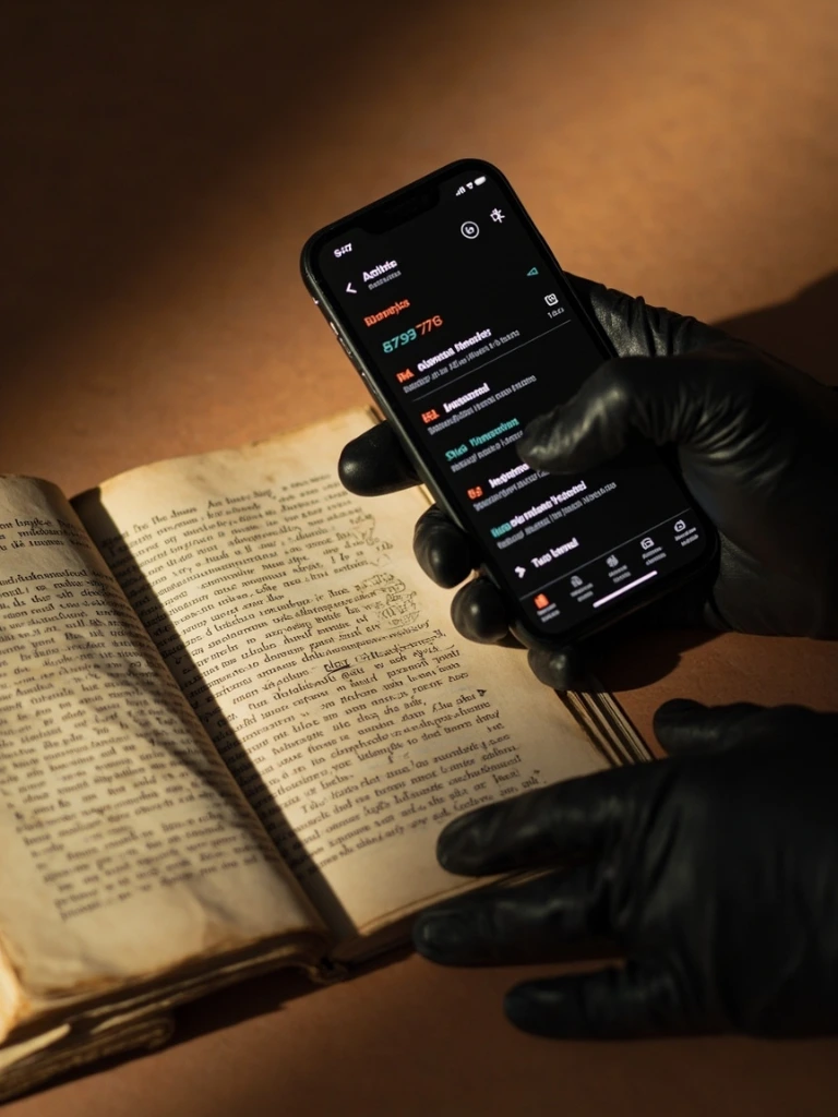 An early-modern manuscript beside a phone running a reading app.