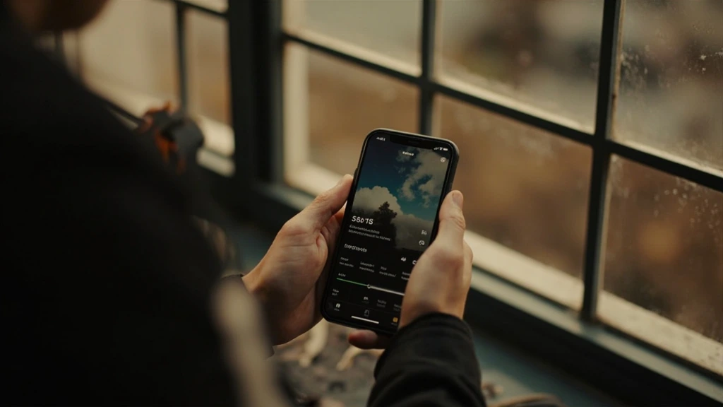A phone displaying a weather interface, held against a rainy window.